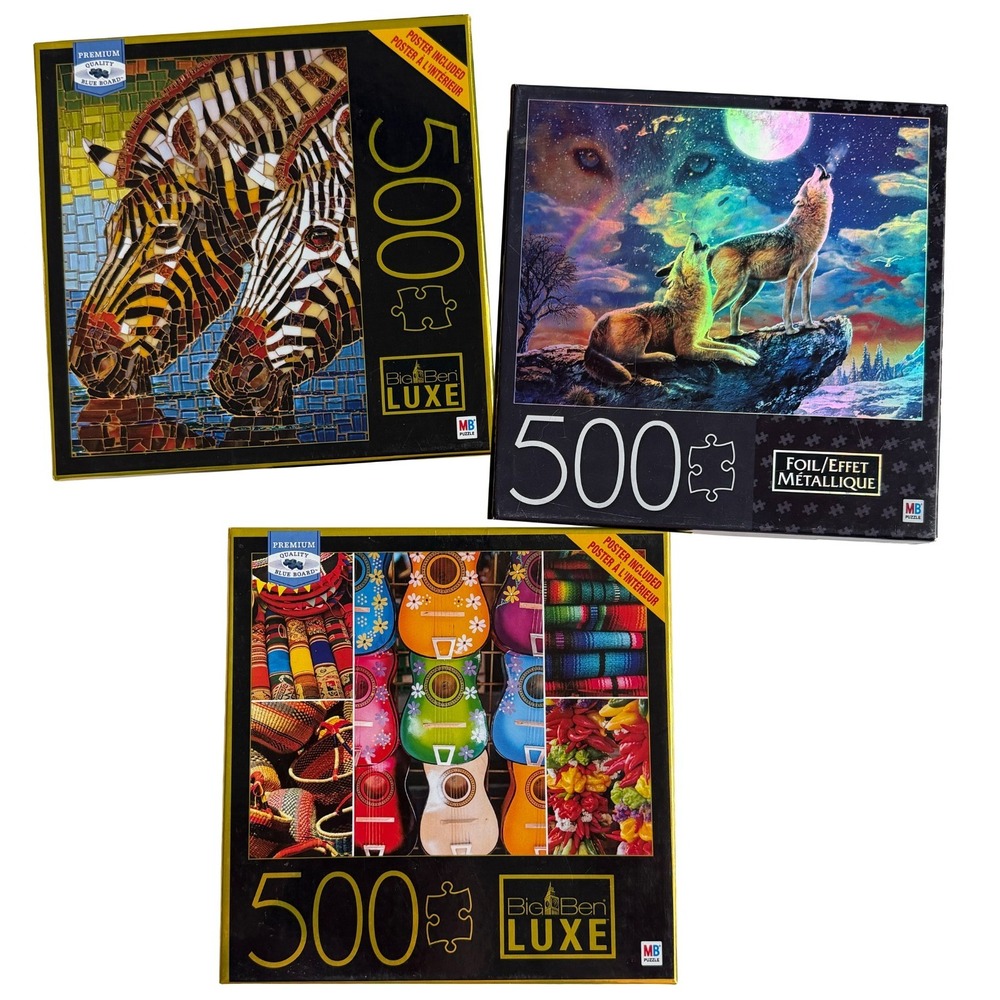 500 Piece Jigsaw Puzzle Set of 3 Puzzles Wolves Zebras Guitars Milton Bradley